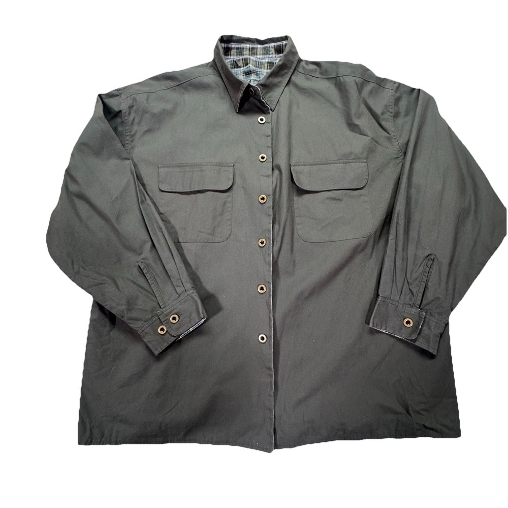 St. John's Bay Men Button Down Shacket Regular Dark Green Plaid Lined Cotton XXL
